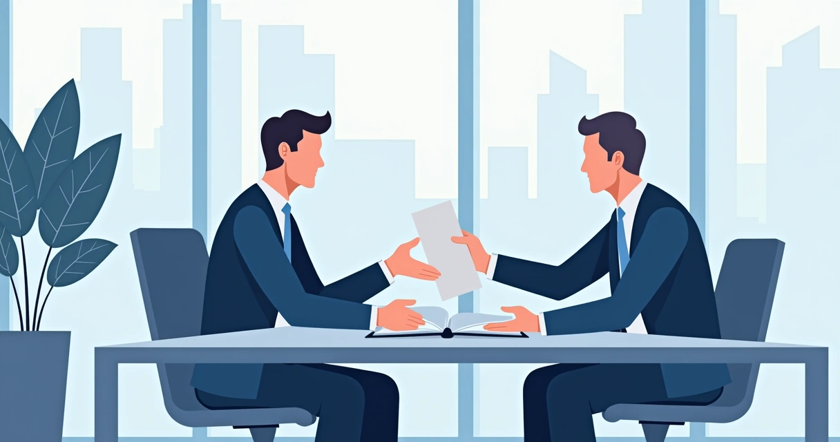 Duas pessoas fechando um contrato em uma mesa de reunião