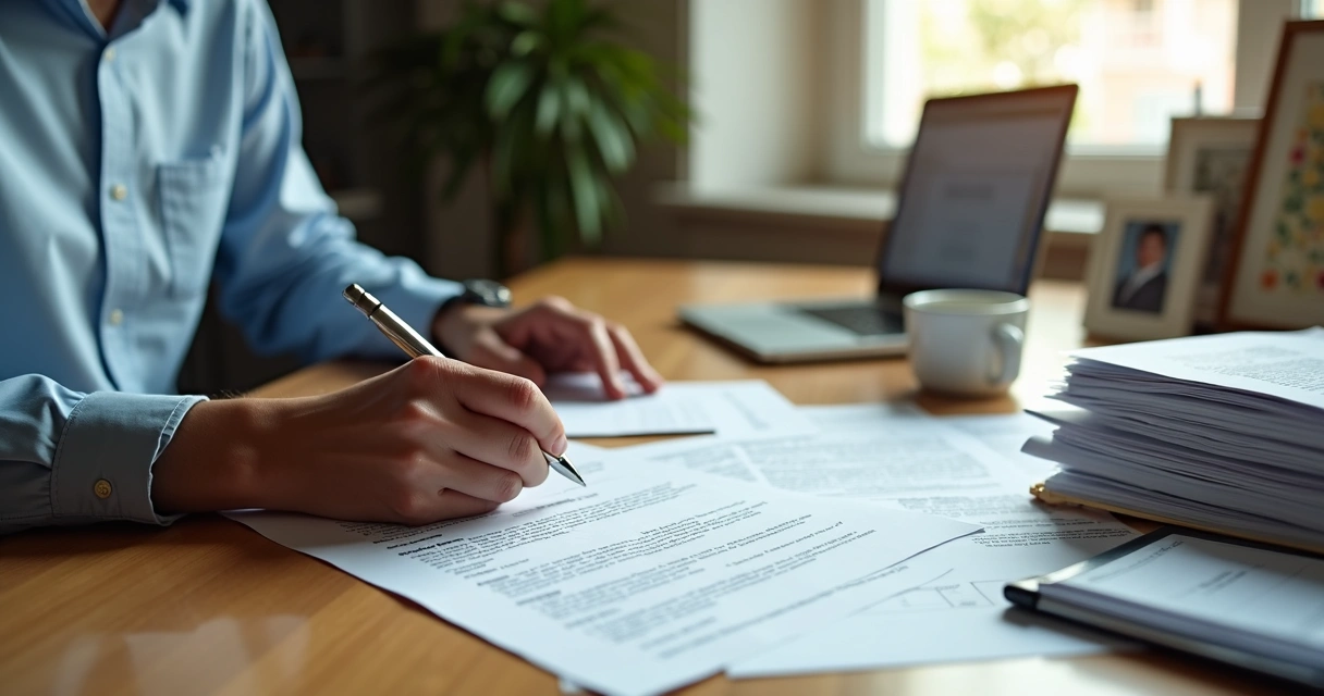 Pessoa revisando contratos e documentos em uma mesa com laptop 