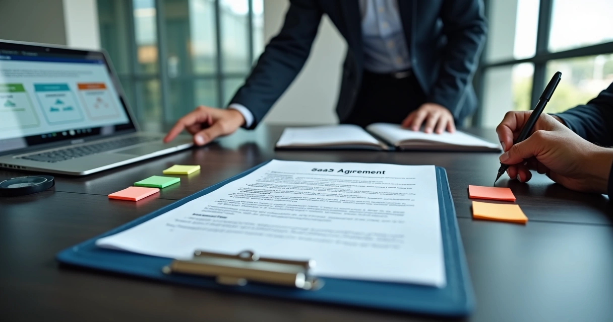 Mesa de negociação com contrato SaaS destacado ao centro 