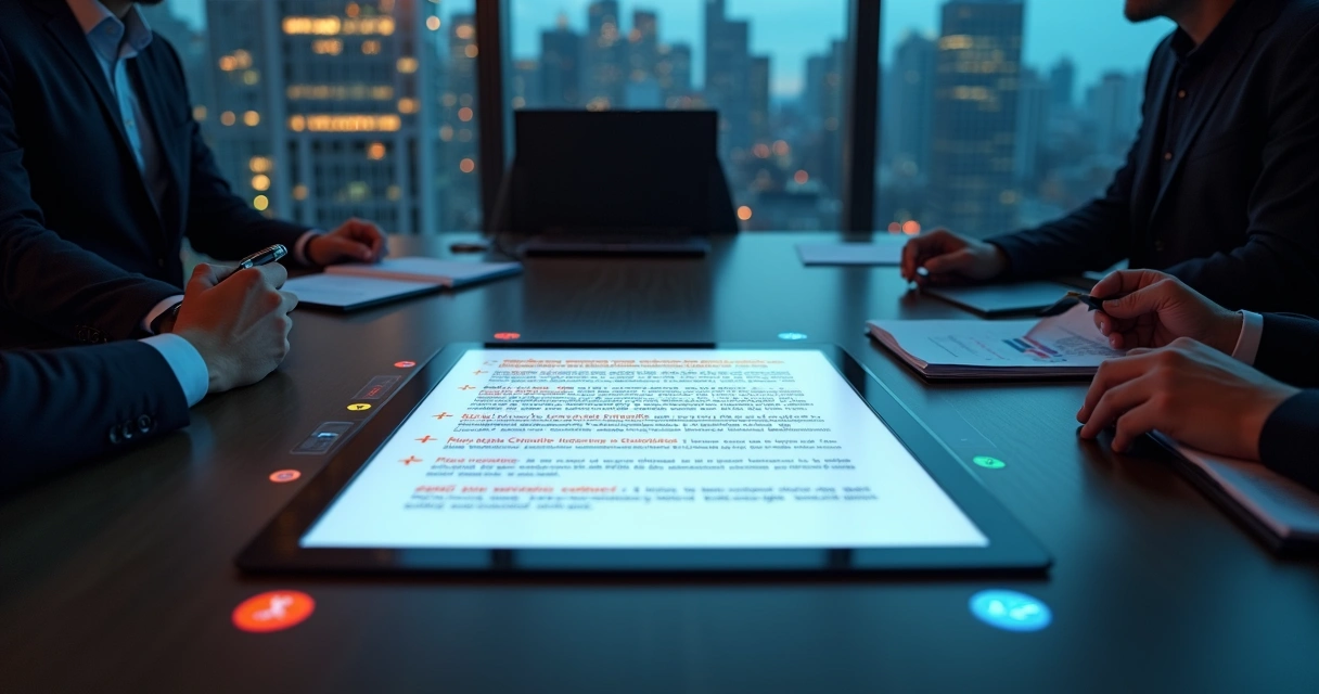 Mesa de negociação com contrato SaaS digital destacado e cláusulas com alertas vermelhos 