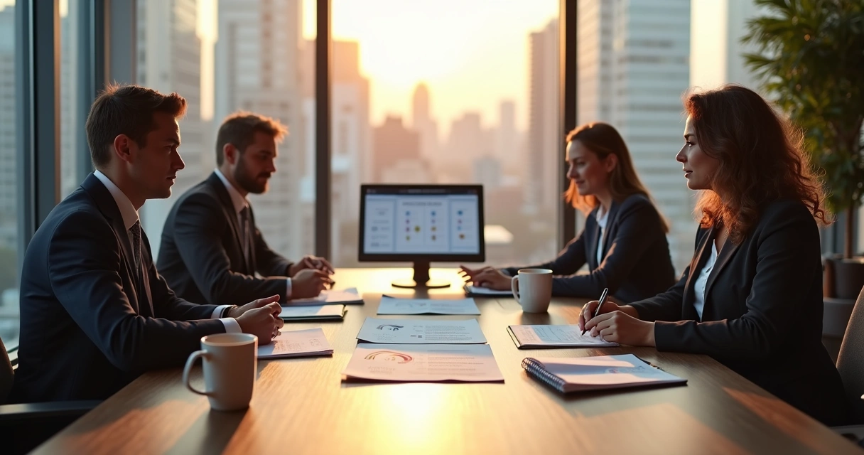 Pessoas revisando contratos e documentos em uma mesa de reunião 
