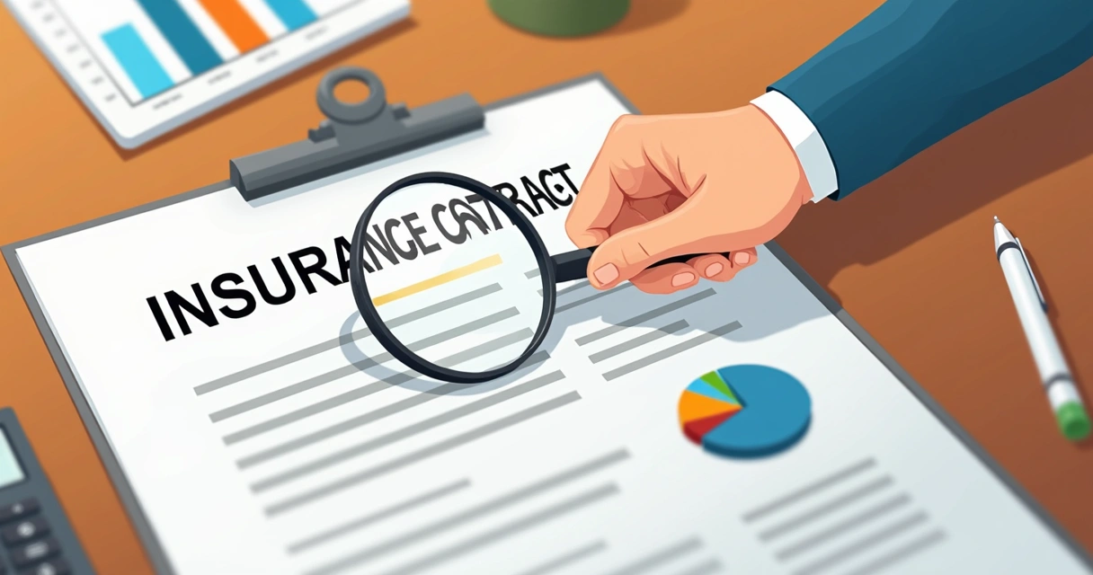 Pessoa analisando um contrato de seguro sobre uma mesa com lupa, gráficos e calculadora 