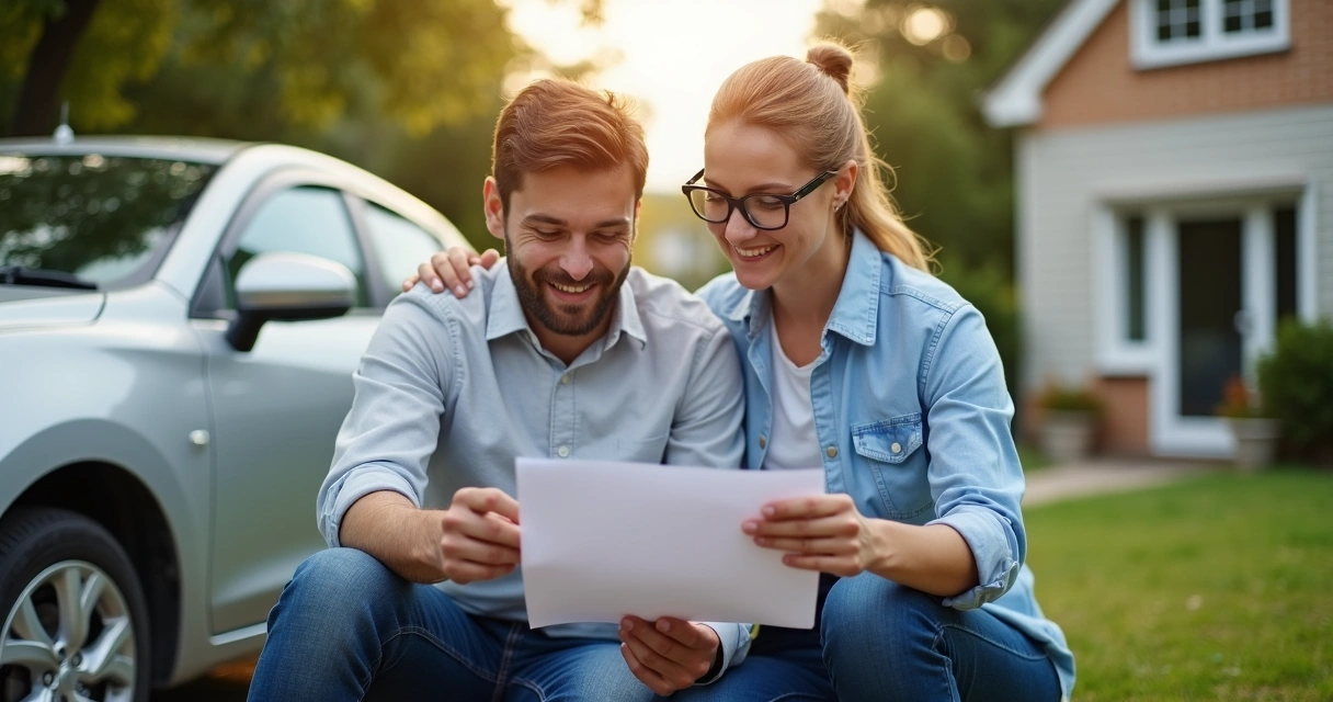Jovem assinando contrato de seguro ao lado do carro.