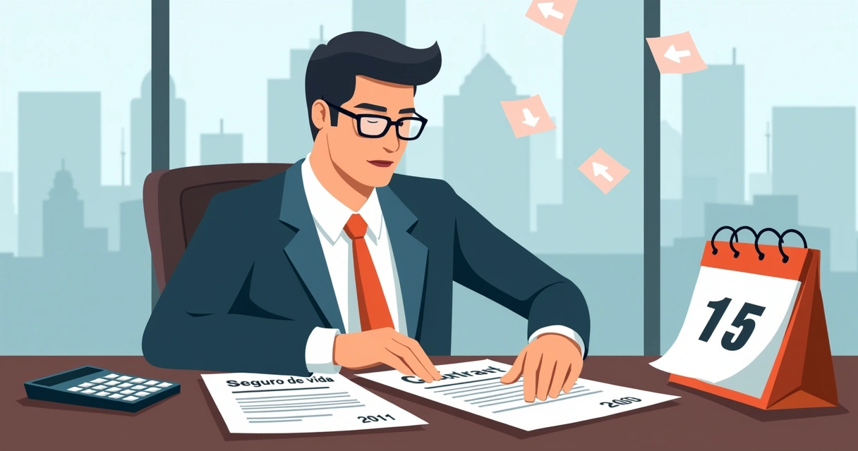 Homem analisando contrato de seguro em uma mesa com calendário e calculadora 