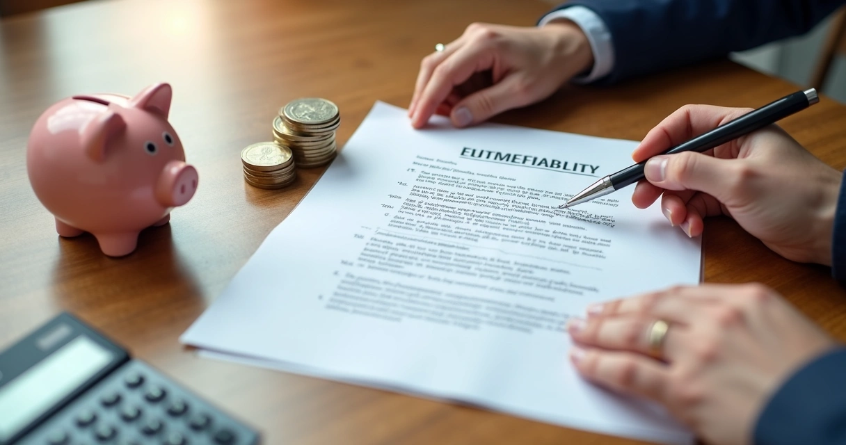 Mãos segurando contrato de seguro próximo a cofre de moedas e calculadora 