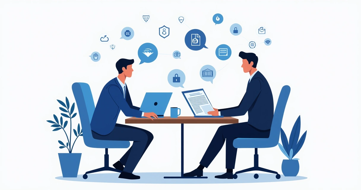 Corretor e cliente analisando contrato de seguro, sobre uma mesa com computador, café e documentos. 