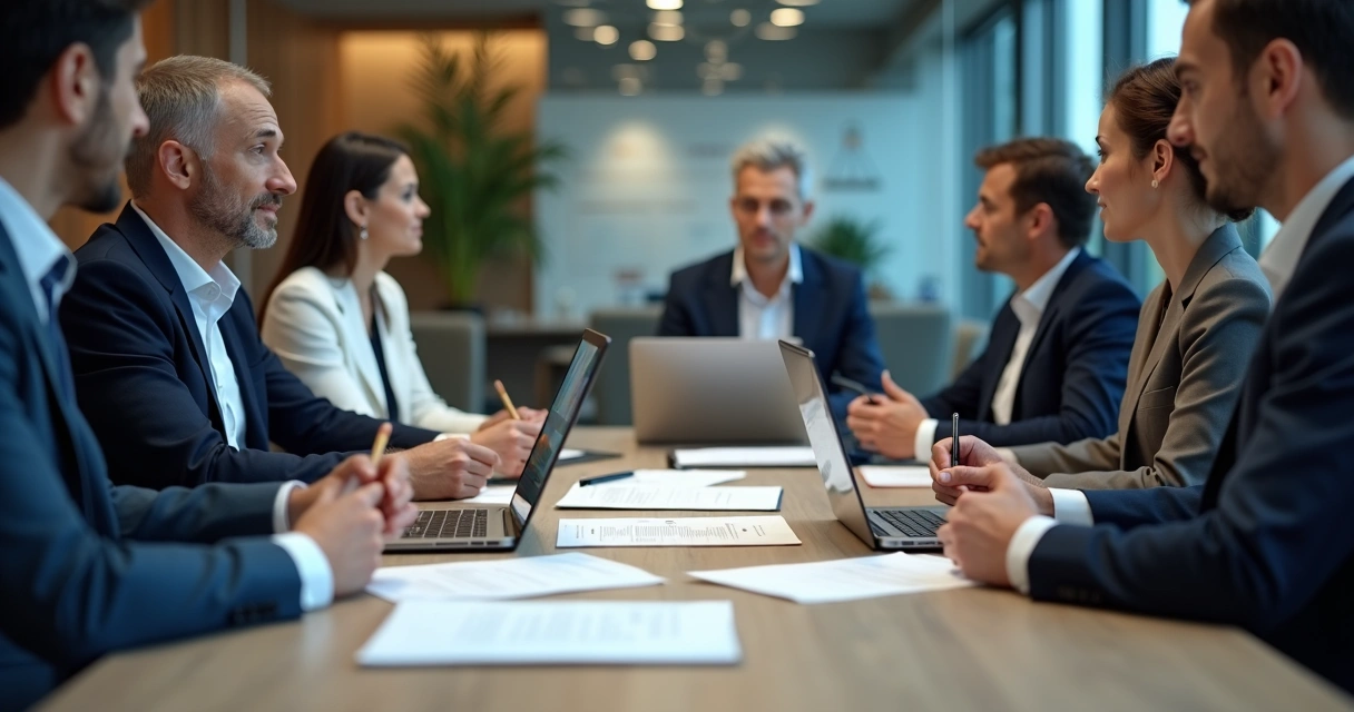 Pessoas analisando contratos de seguro com documentos e computadores 