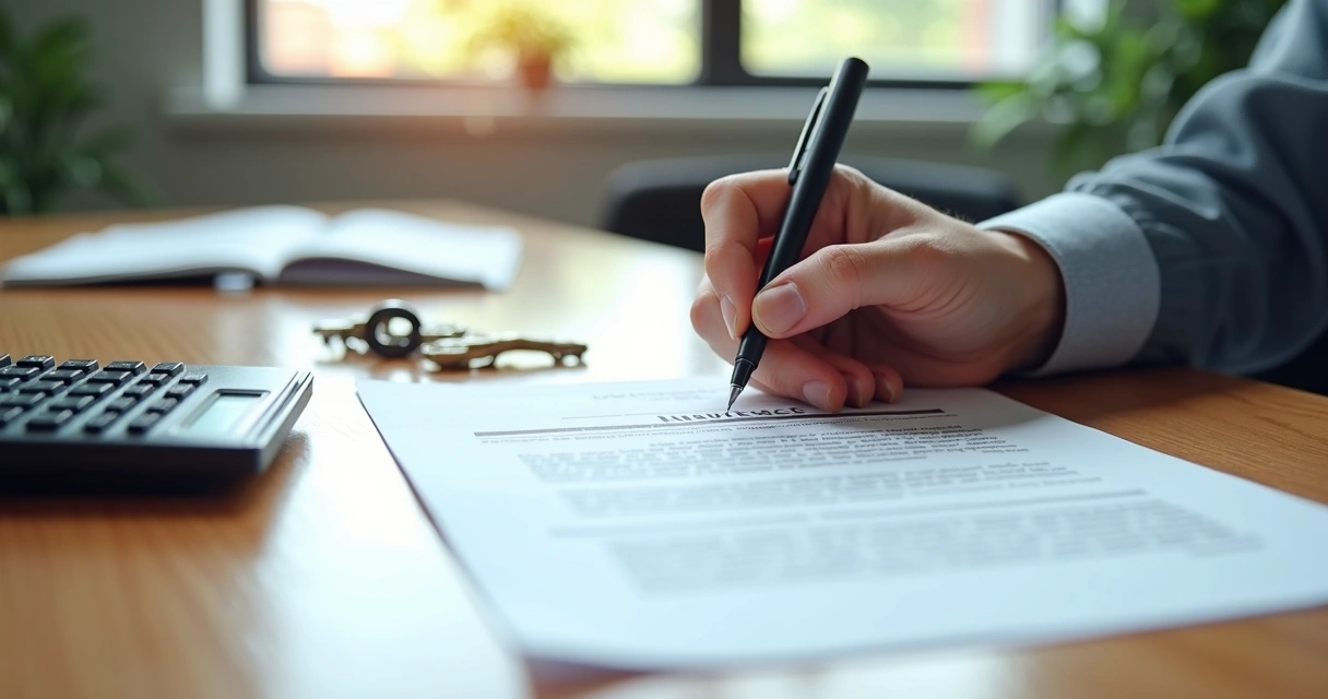Pessoa assinando contrato de aluguel em mesa com documentos e chave de imóvel 