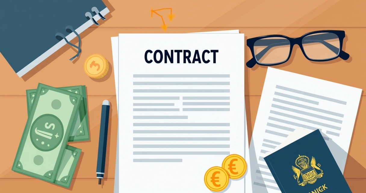 Contrato de seguro em inglês, dólar e documentos internacionais na mesa 