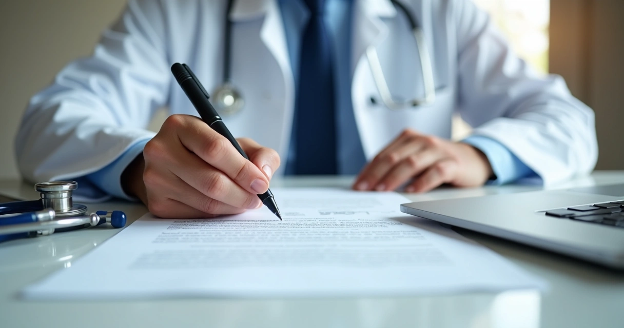 Médico assinando contrato de seguro em consultório moderno 