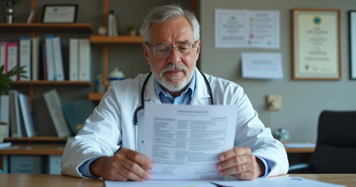 Médico avaliando contrato de seguro sobre uma mesa de consultório 