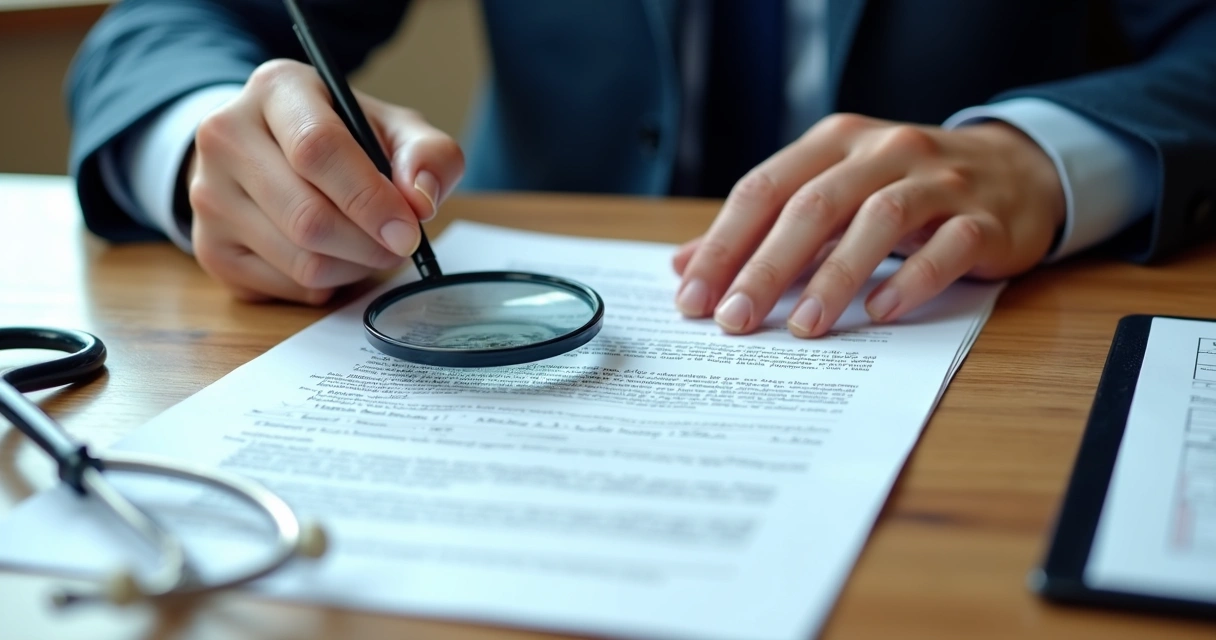 Pessoa analisando contrato de seguro médico em mesa com lupa e destaque para seções de exclusões
