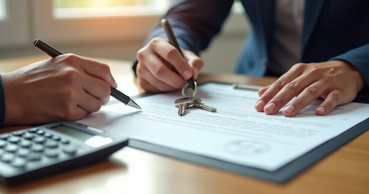 Mãos de duas pessoas assinando contrato de aluguel com calculadora ao lado