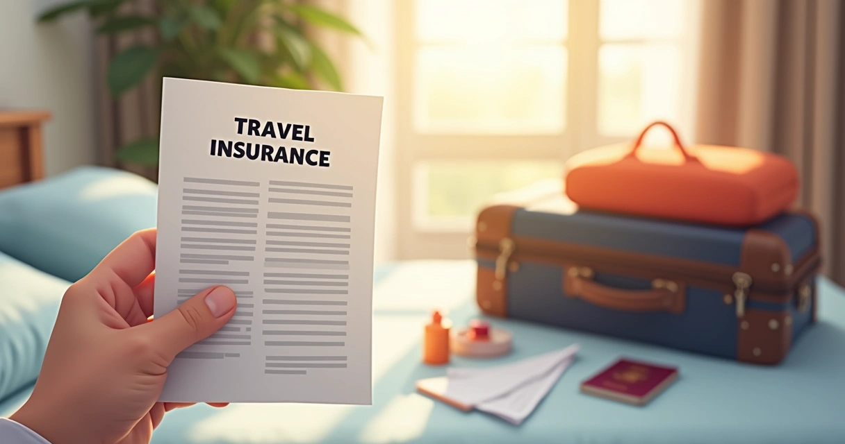 Pessoa segurando apólice de seguro viagem e mala pronta 
