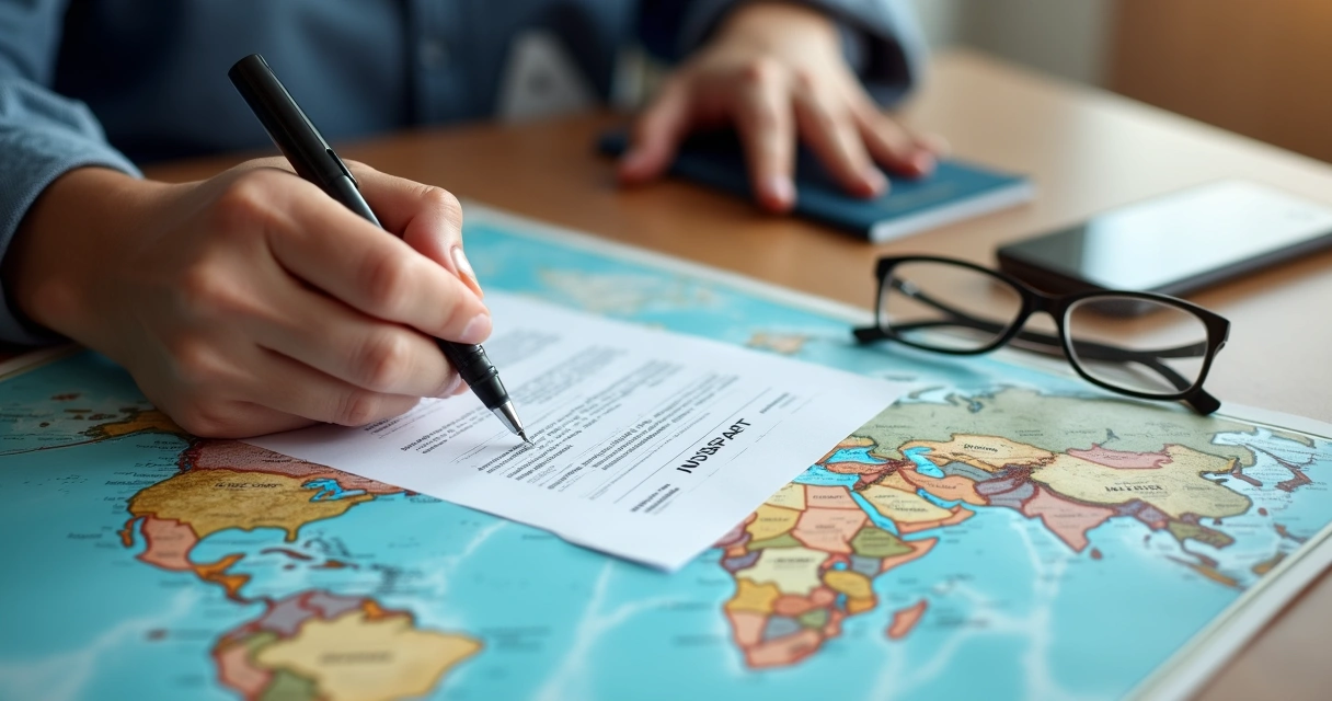 Mão assinando apólice de seguro viagem sobre mapa aberto 