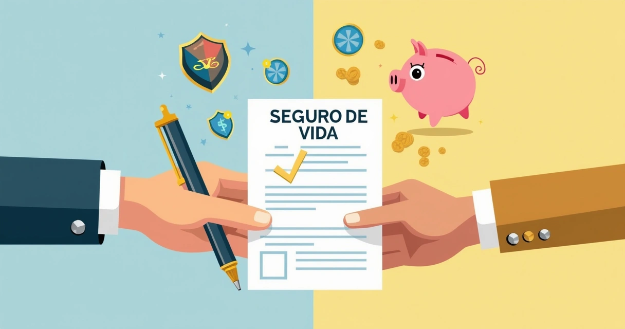 Duas mãos fechando contrato de seguro de vida com ícones de escudo e moedas ao redor 