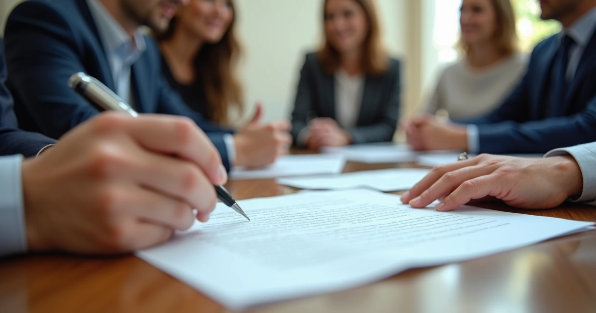 Mãos assinando contrato com grupo de pessoas em volta de uma mesa 