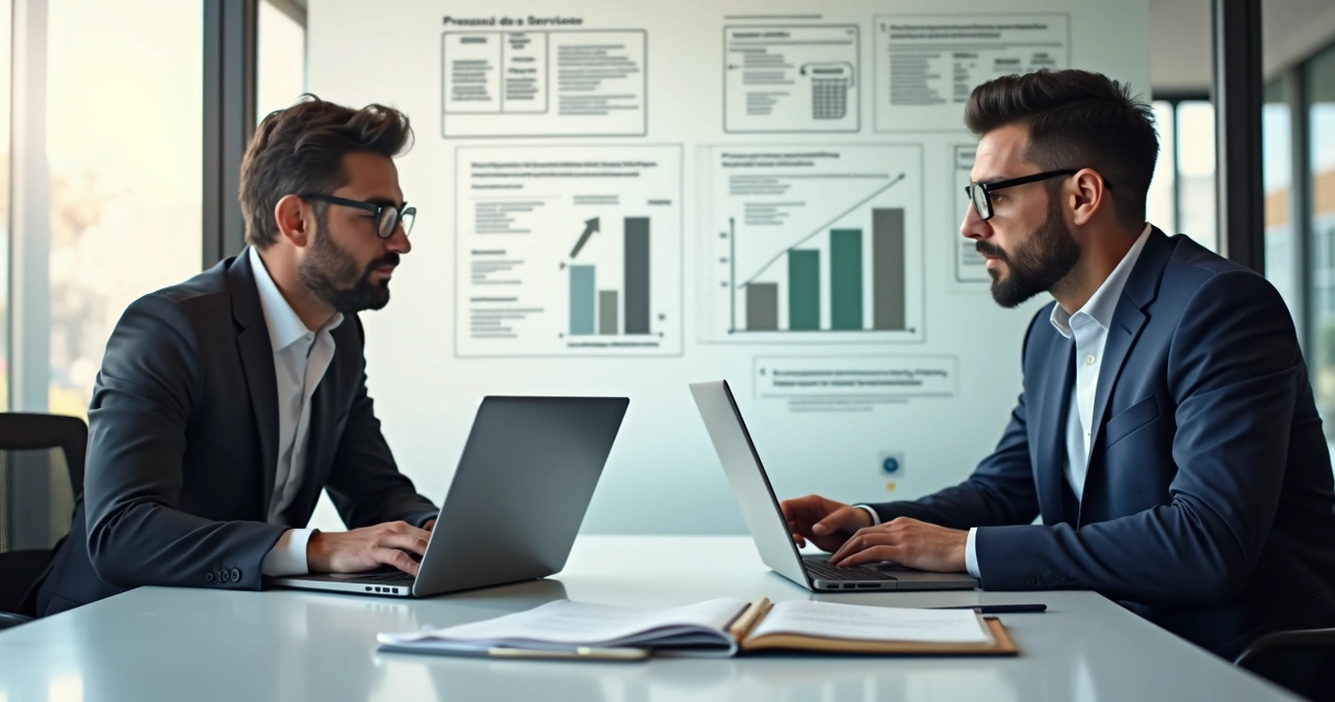 Empresário e profissional discutindo contrato de prestação de serviços com gráficos de impostos ao fundo 