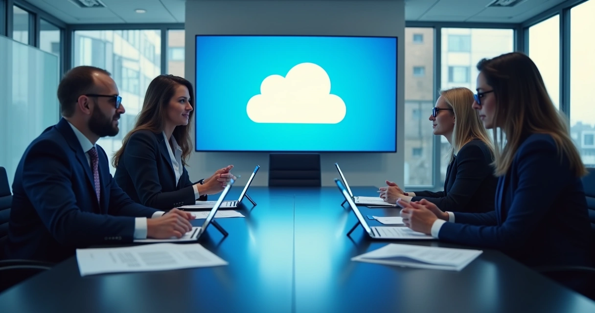 Executivos analisando contratos de serviços de cloud em uma sala de reunião moderna 