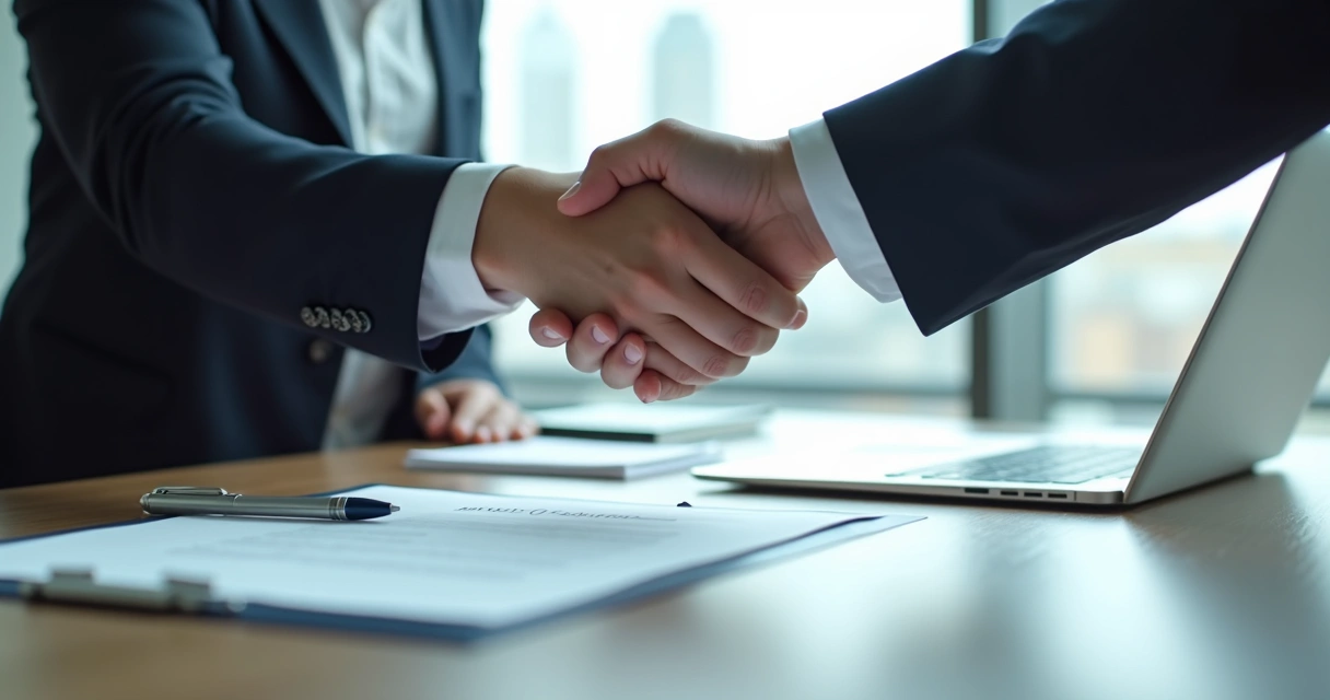 Duas pessoas apertando as mãos em frente a um contrato assinado em uma mesa de escritório 
