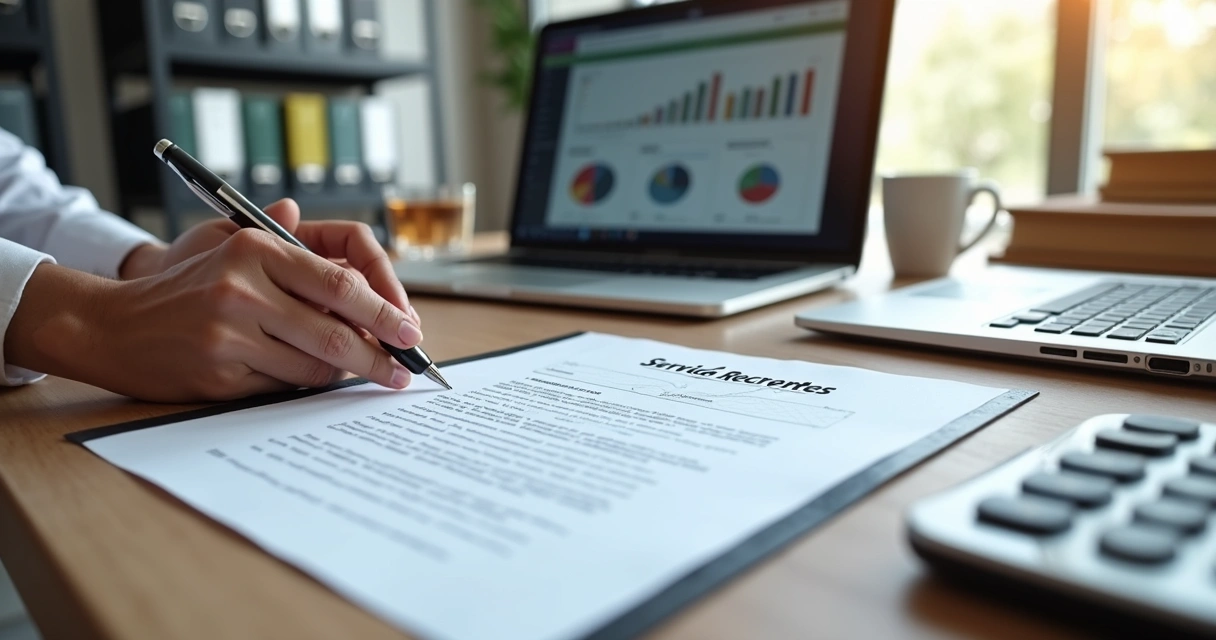 Documento de contrato de prestação de serviços sobre mesa com laptop, caneta e mãos revisando o papel 