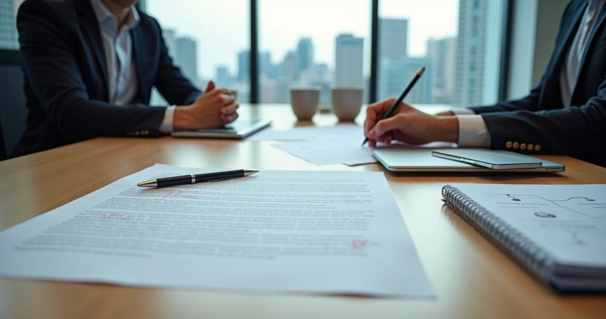 Mesa de reunião com contrato de serviços alinhando cláusulas fiscais 