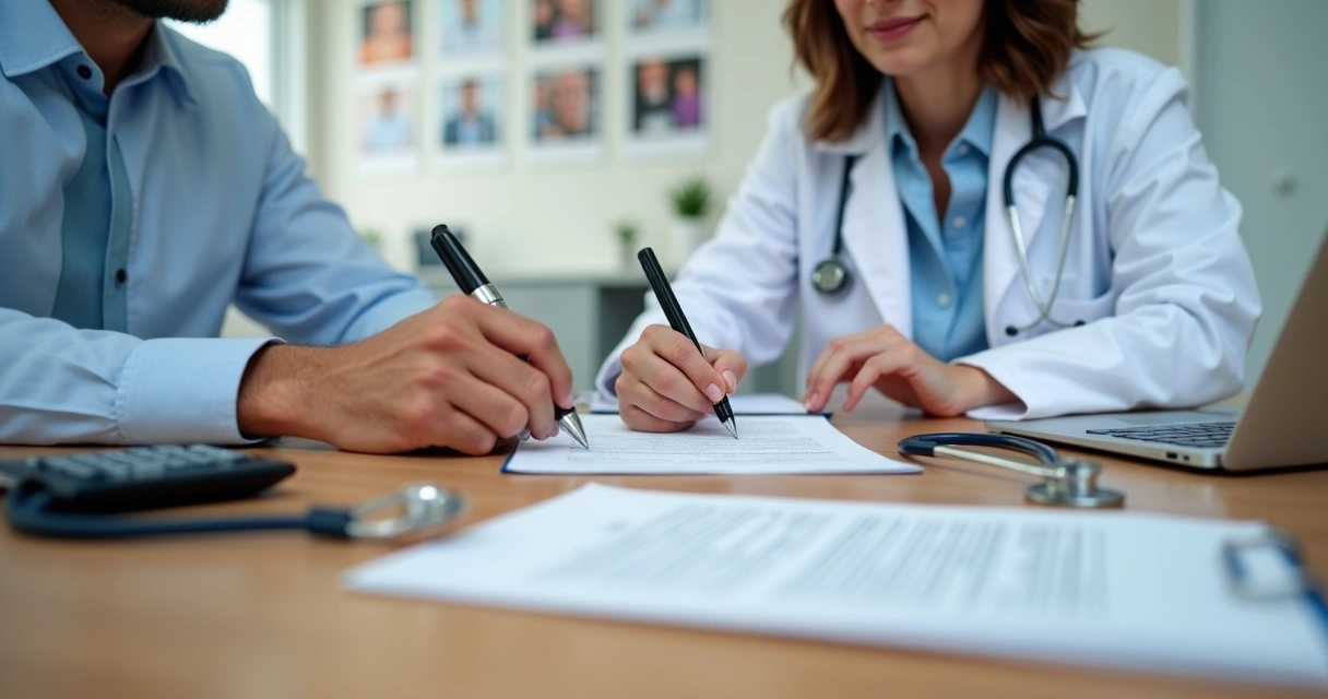 Mãos de sócios assinando contrato em mesa de clínica médica
