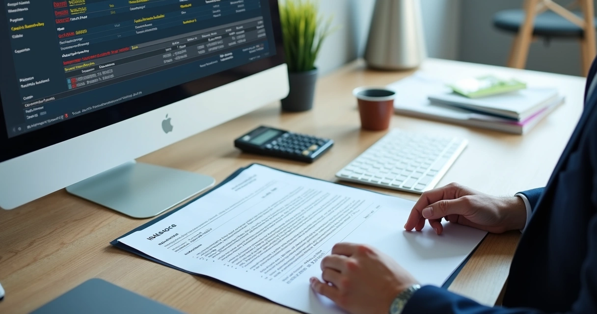 Gestor revisando contrato e sistema fiscal no computador