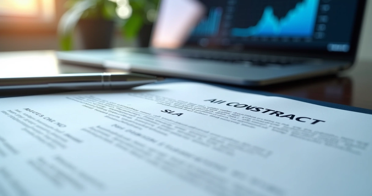 Documento de contrato e SLA ao lado de notebook corporativo 