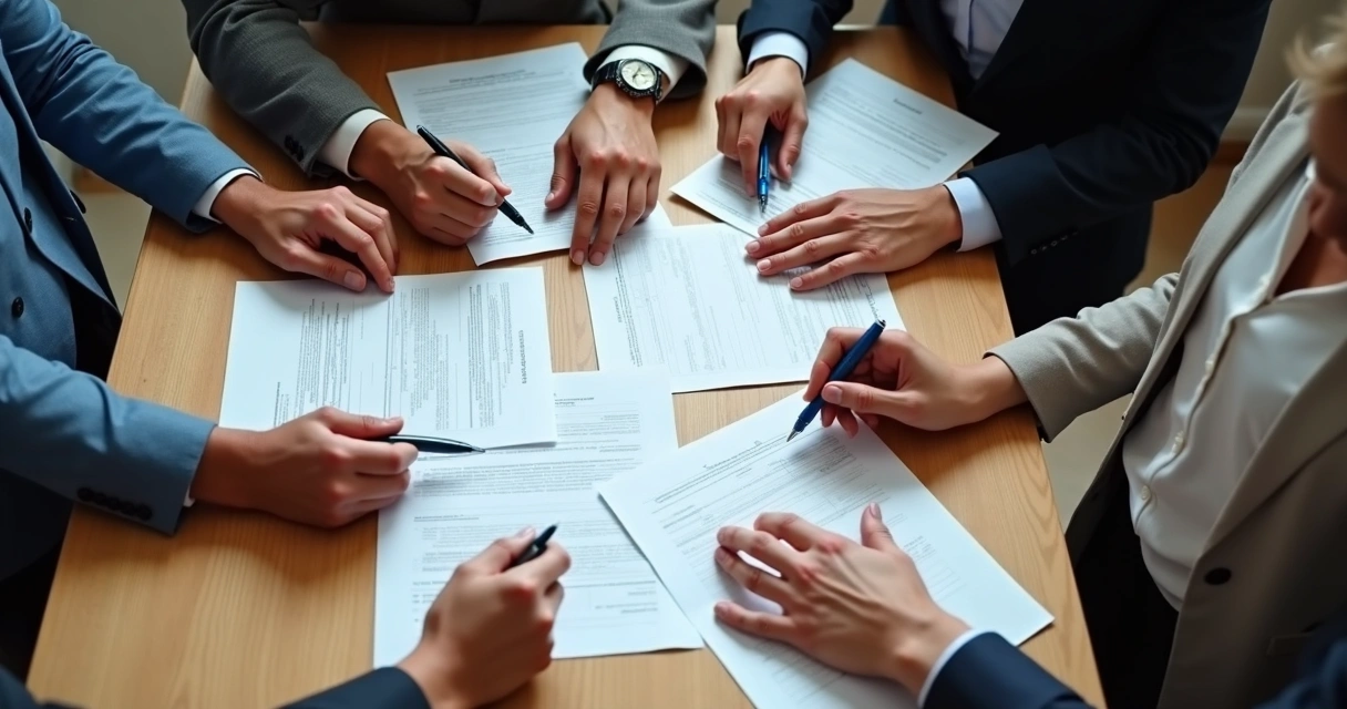Documento de contrato social sendo assinado por várias pessoas em uma mesa profissional de escritório 