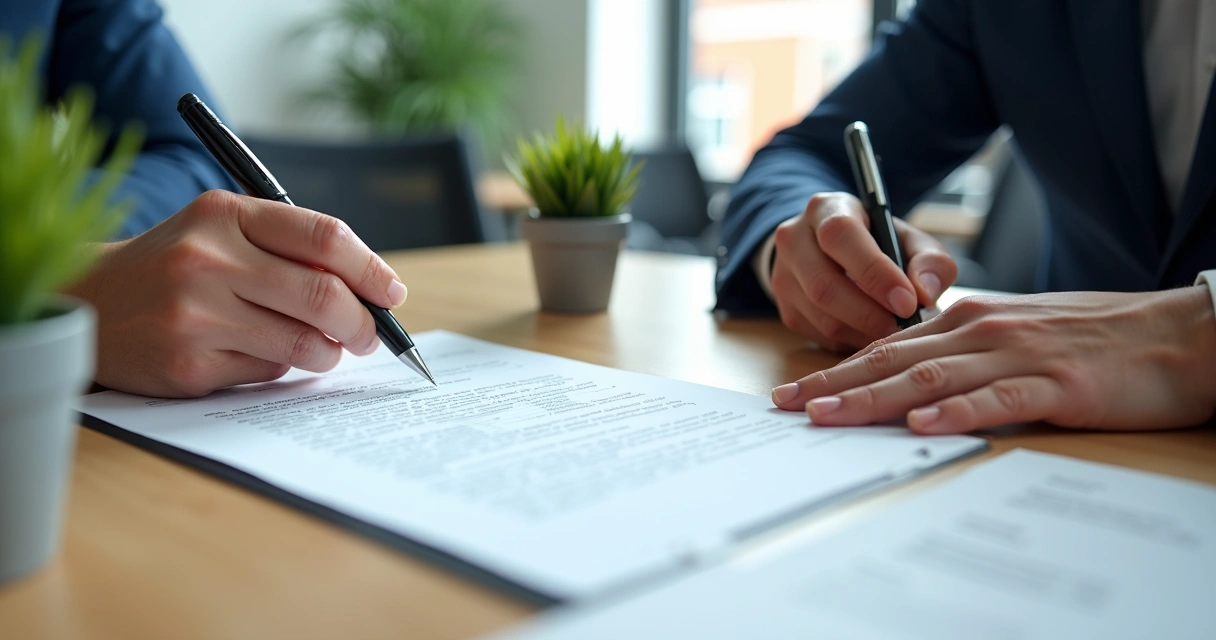 Sócios assinando contrato social em mesa de escritório 