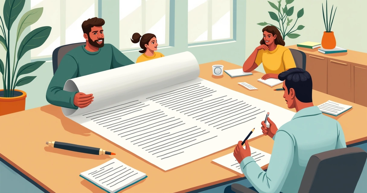 Ilustração de um contrato social em mesa com gráficos coloridos e sócios discutindo sobre lucros.