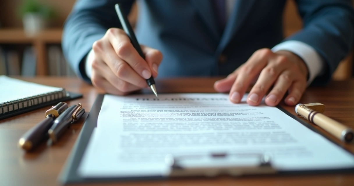 Assinatura de contrato social de microempresa sobre mesa de madeira 