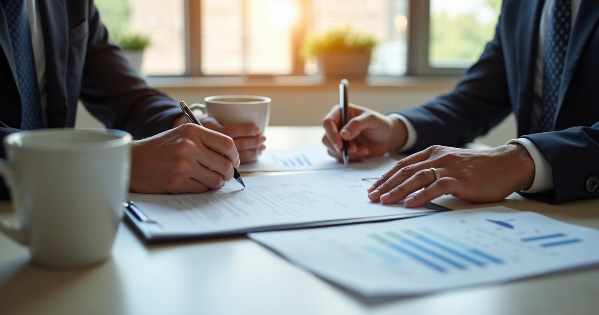 Empresário assinando contrato de sociedade ao lado de advogado, documentos e café na mesa. 