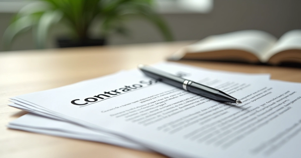 Contratos sociais e caneta sobre mesa de madeira clara