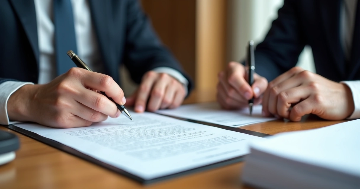 Assinatura de contrato por dois sócios em mesa de reunião