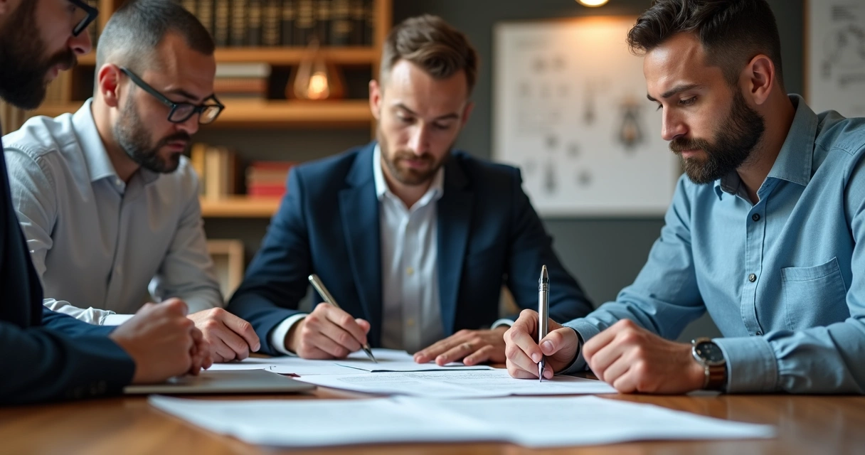 Sócios de startup revisando contrato de cessão de direitos em mesa moderna