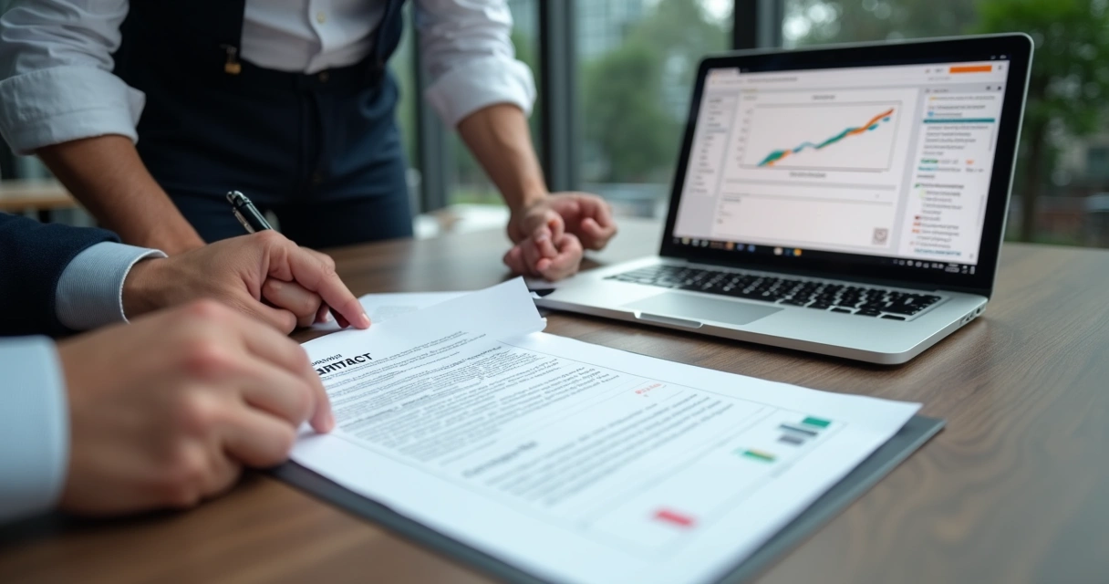 Contratante e desenvolvedor assinando contrato de desenvolvimento de sistema