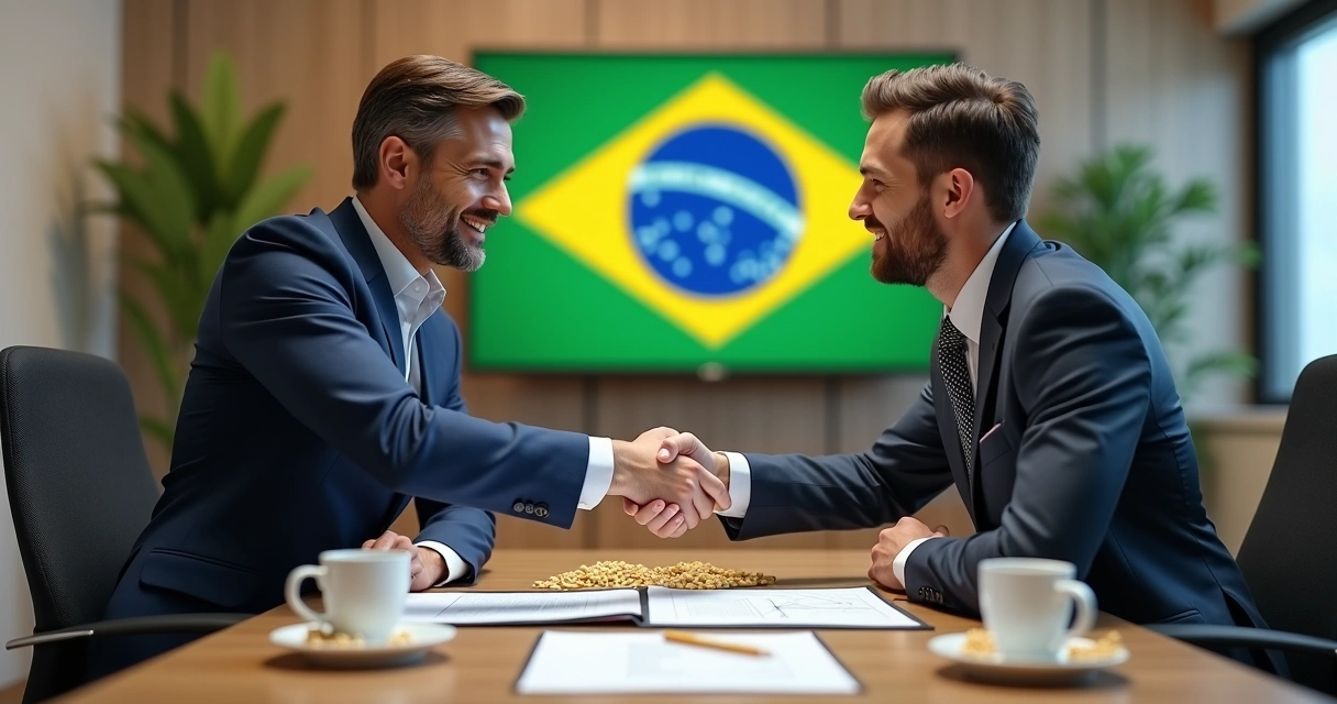 Pessoas negociando contrato de soja com papéis em mesa de reunião