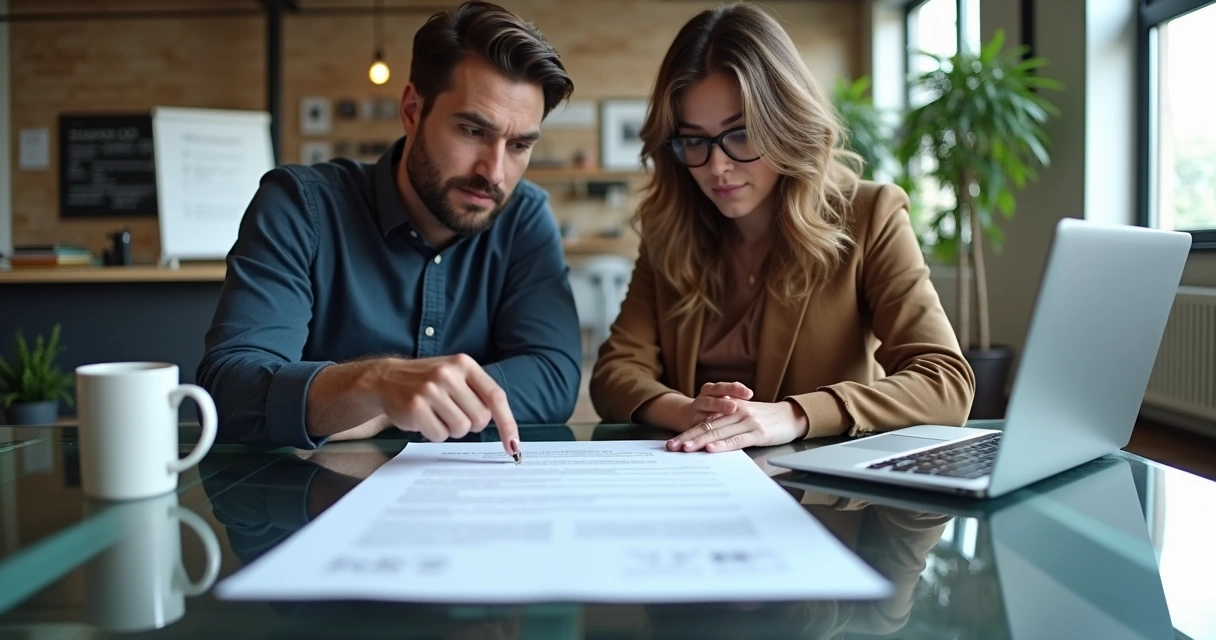 Dois empresários revisando contrato de propriedade intelectual em ambiente de startup 