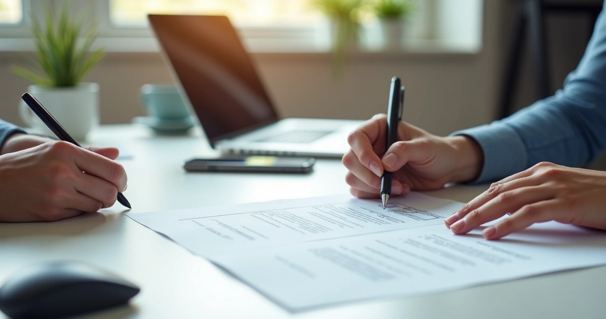 Assinatura de contrato de teletrabalho por duas pessoas em uma mesa 
