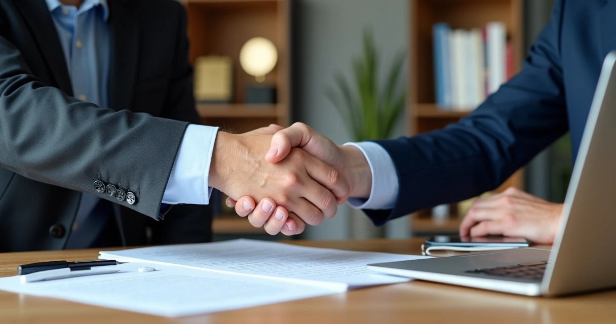Representantes de empresas assinando contrato de terceirização de TI 