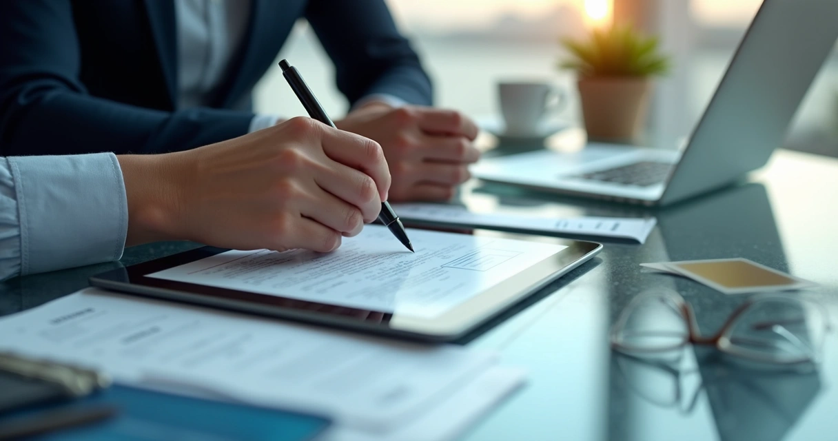 Mãos assinando contrato de TI digital em mesa de escritório 