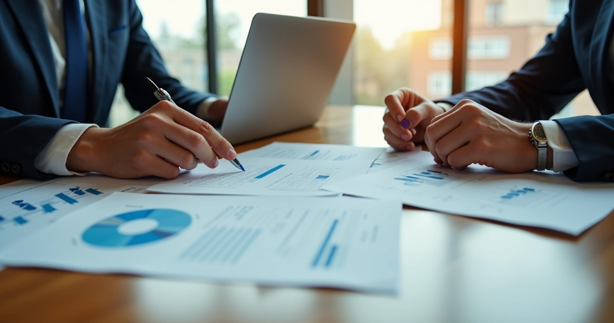 Negociação de contrato de TI sobre mesa de trabalho, folhas e laptops 