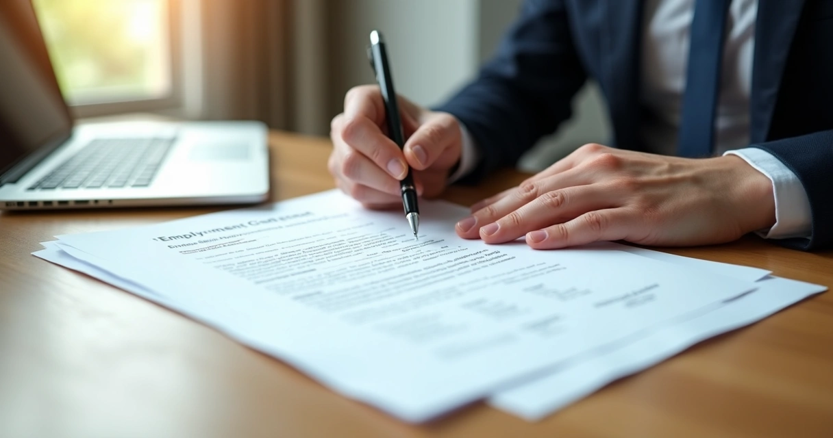 Pessoa assinando um contrato de trabalho à mesa 