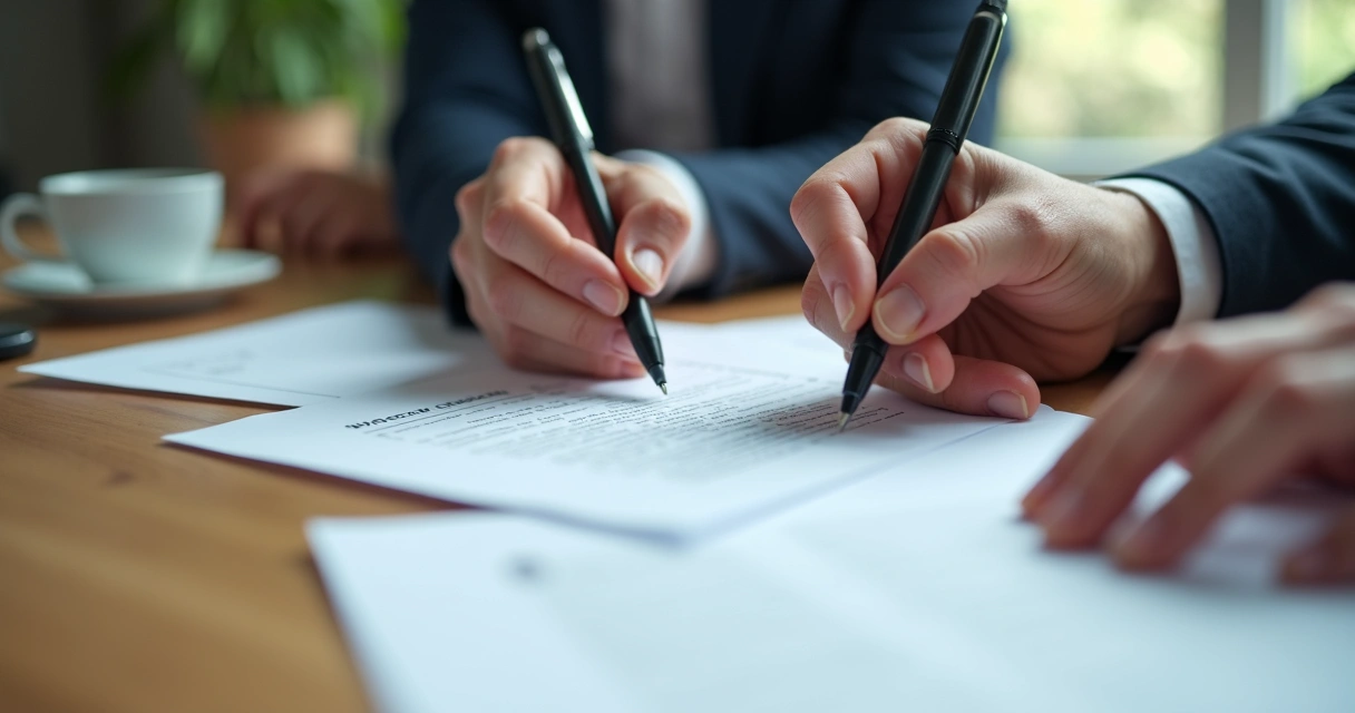 Mãos assinando contrato de trabalho com documentos e caneta sobre mesa de escritório 