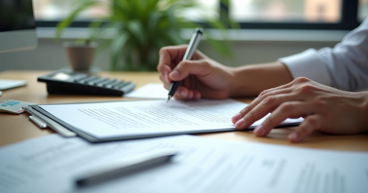 Mãos assinando um contrato de trabalho em uma mesa com um documento formal 