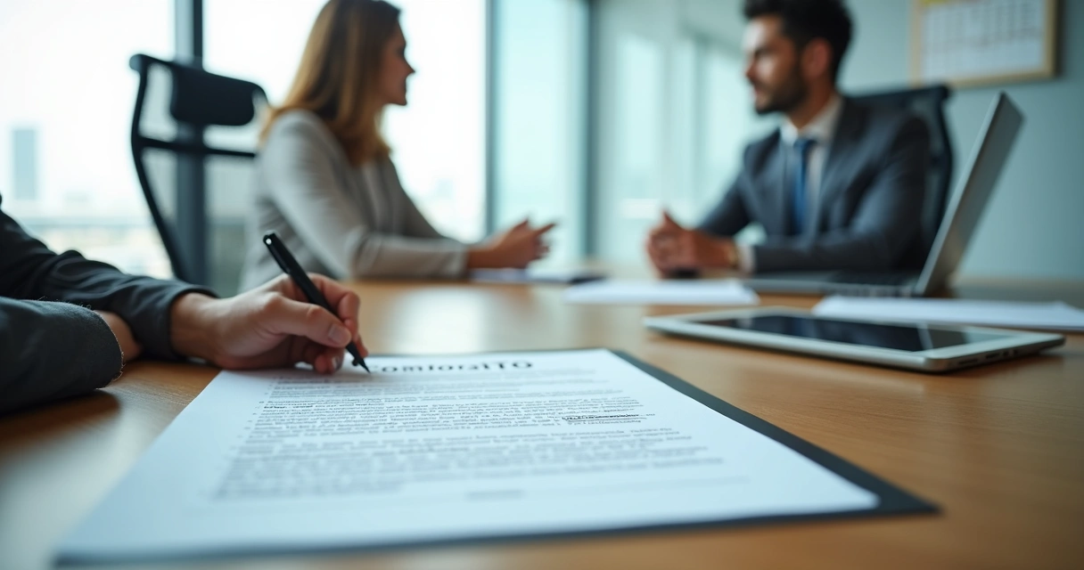 Profissional assinando contrato de trabalho temporário em escritório moderno 