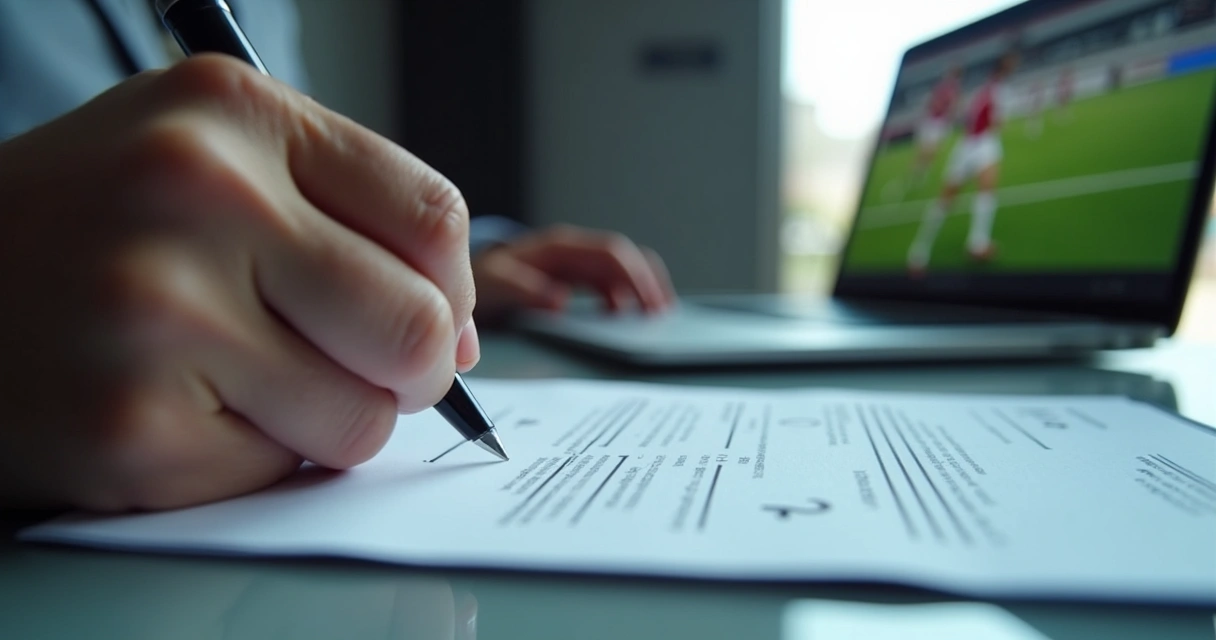 Detalhe de mãos assinando contrato de transmissão digital de futebol alternativo