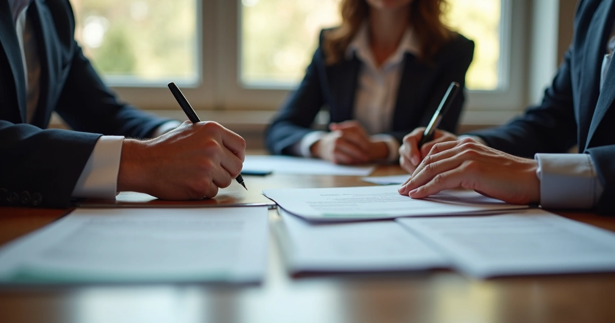 Dois adultos assinando contrato de usufruto junto com um jovem em escritório 
